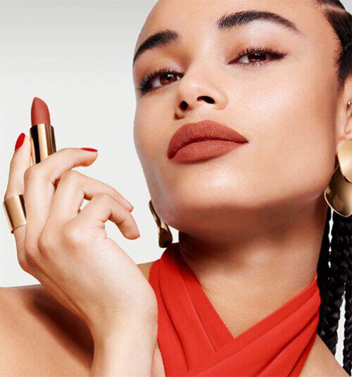 Model wearing Lancome's L'Absolu Rouge Lipstick